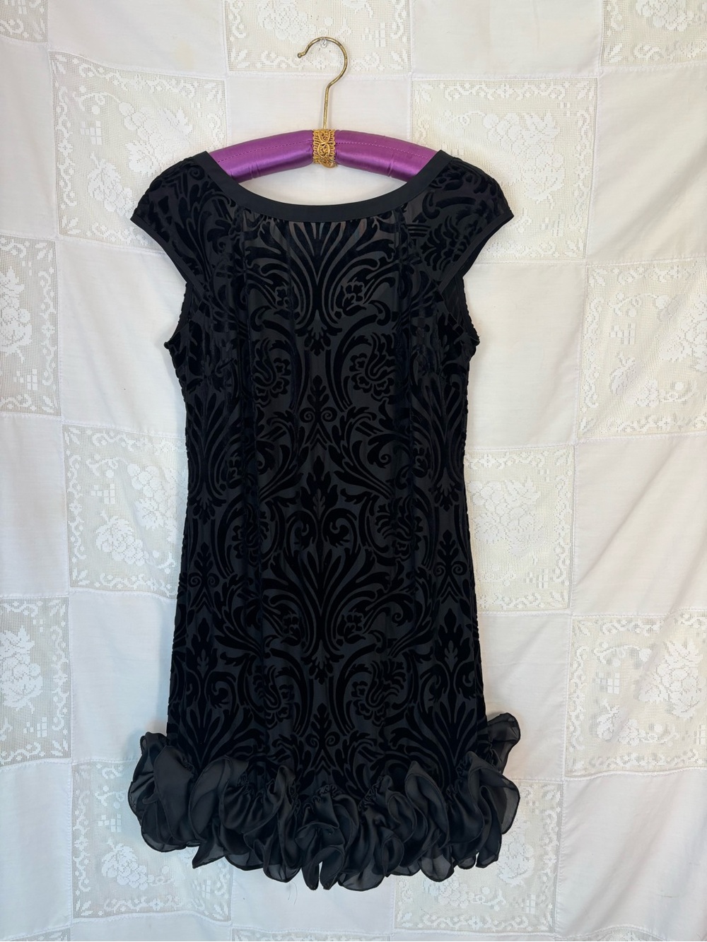 Black Semi Sheer Velvet Burnout Satin Ruffled Hem Parisian Mini Dress Size S-M